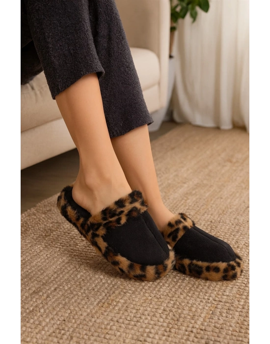 Leopar Desenli Kışlık Sessiz Ev Terliği