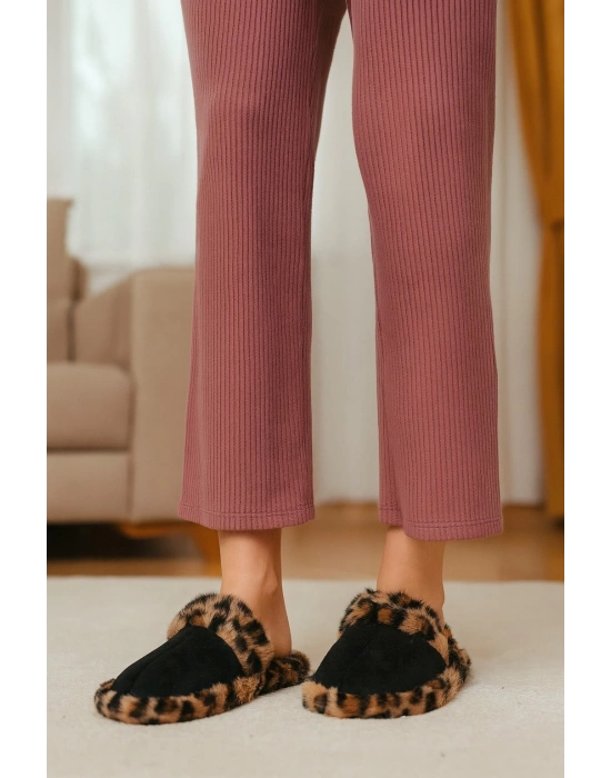 Leopar Desenli Kışlık Sessiz Ev Terliği