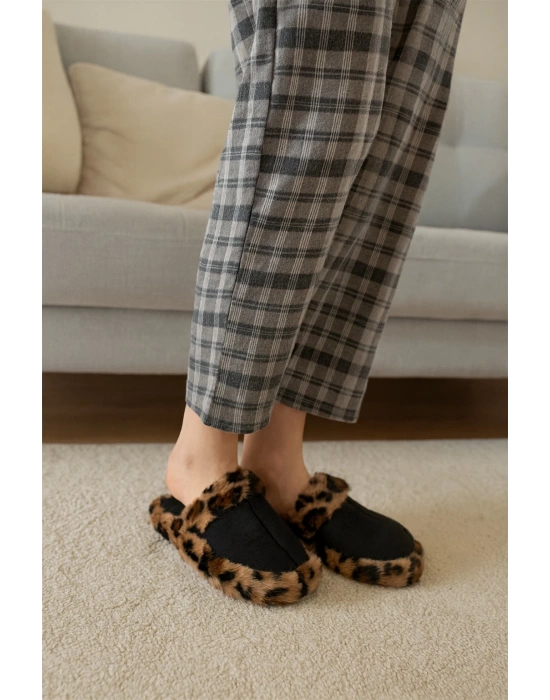 Leopar Desenli Kışlık Sessiz Ev Terliği