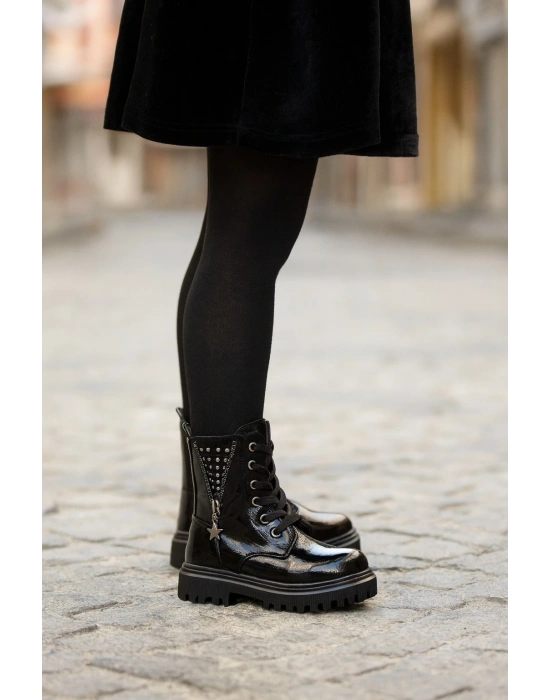 Ortopedik Bağcıklı Fermuarlı Kız Çocuk Bot Ayakkabı Siyah Kız Çocuk Bot