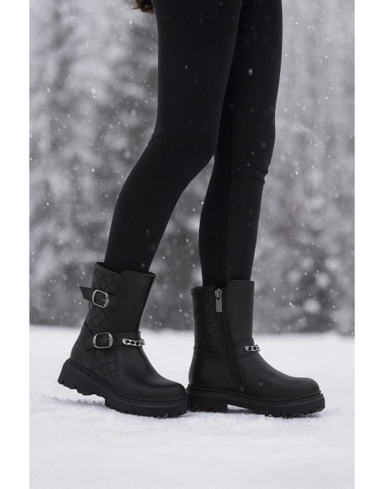 Ortopedik Bağcıklı Fermuarlı Kız Çocuk Bot Ayakkabı Siyah Kız Çocuk Bot