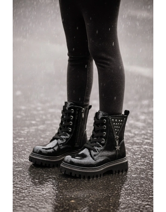 Ortopedik Bağcıklı Fermuarlı Kız Çocuk Bot Ayakkabı Siyah Kız Çocuk Bot