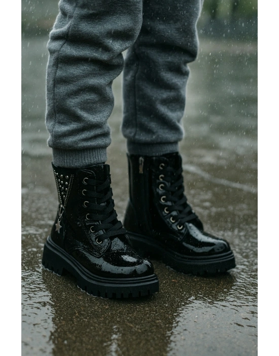 Ortopedik Bağcıklı Fermuarlı Kız Çocuk Bot Ayakkabı Siyah Kız Çocuk Bot