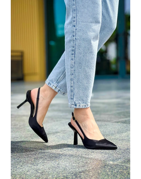 Saten Stiletto Sivri Burun Arkası Bantlı Topuğu Açık Günlük Rahat Kadın Topuklu Ayakkabı