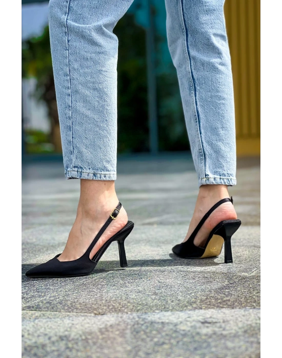 Saten Stiletto Sivri Burun Arkası Bantlı Topuğu Açık Günlük Rahat Kadın Topuklu Ayakkabı