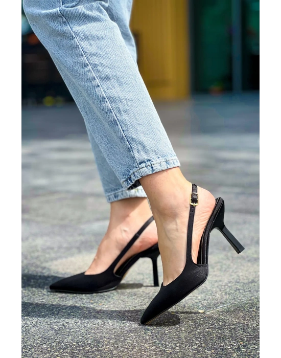 Saten Stiletto Sivri Burun Arkası Bantlı Topuğu Açık Günlük Rahat Kadın Topuklu Ayakkabı