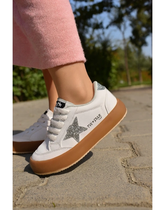 Sstar Beyaz Gümüş Kız Çocuk Cırtlı Bantlı Sneaker Spor Ayakkabı