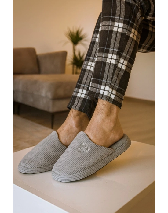 Unisex Nakışlı Kadife Fitilli Desen Rahat Yumuşak Tabanlı İçi Kürklü Terlik