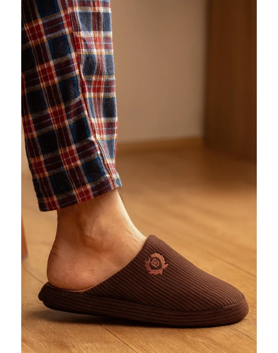 Unisex Nakışlı Kadife Fitilli Desen Rahat Yumuşak Tabanlı İçi Kürklü Terlik