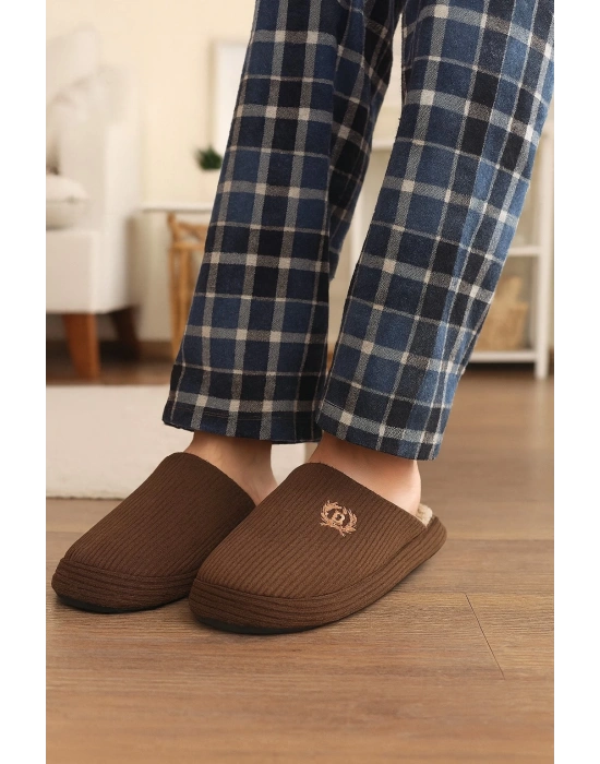 Unisex Nakışlı Kadife Fitilli Desen Rahat Yumuşak Tabanlı İçi Kürklü Terlik