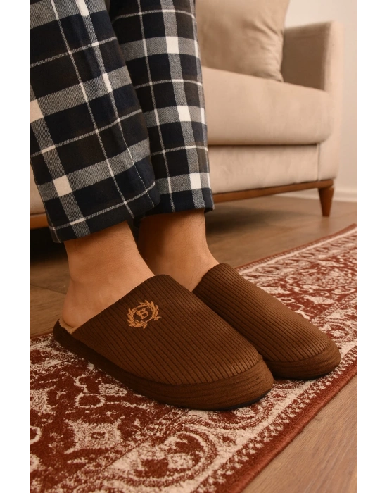 Unisex Nakışlı Kadife Fitilli Desen Rahat Yumuşak Tabanlı İçi Kürklü Terlik