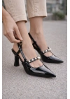 Kadın Sivri Burun İnci Detaylı Slingback İnce Topuk Rugan Ayakkabı