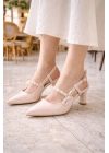 Kadın Sivri Burun İnci Detaylı Slingback İnce Topuk Rugan Ayakkabı