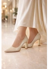 Kadın Abiye Simli Sivri Burun Blok Topuklu Ayakkabı