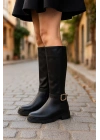 Kadın Siyah Mat Cilt Toka Detaylı Arkası Streç Çizme