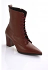 Kadın Topuklu Bot Sivri Burun Bağcıklı Yandan Fermuarlı Kalın Ökçe