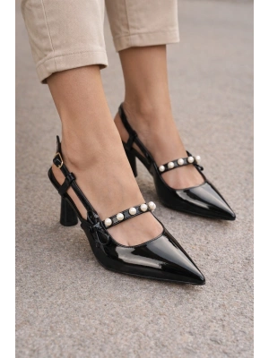 Kadın Sivri Burun İnci Detaylı Slingback İnce Topuk Rugan Ayakkabı