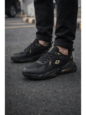 Erkek Siyah Air Taban Spor Ayakkabı Gold-Gümüş Detaylı Sneaker