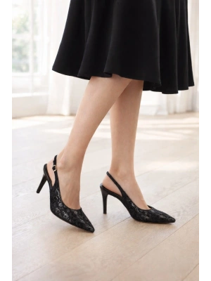 Kadın Zarif Dantel Kaplama Topuklu Ayakkabı – Arka Bantlı