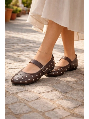 Kadın Taşlı Tokalı Bantlı Babet Ayakkabı