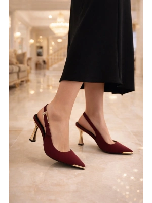 Kadın Altın Taş Burun Detaylı Topuklu Ayakkabı