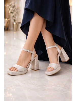 Kadın Simli Bilekten Bantlı Platform Kalın Topuklu Sandalet