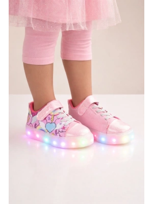 Kız Çocuk Desenli Işıklı LED Tabanlı Simli Cırt Cırtlı Sneaker