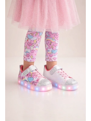 Kız Çocuk Desenli Işıklı LED Tabanlı Simli Cırt Cırtlı Sneaker