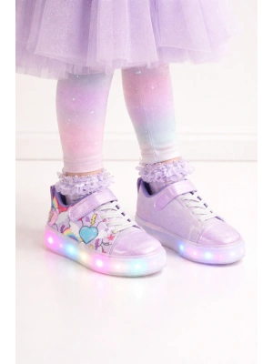 Kız Çocuk Desenli Işıklı LED Tabanlı Simli Cırt Cırtlı Sneaker