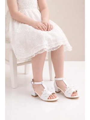 Kız Çocuk Özel Gün Ayakkabısı/Simli Fiyonk Detaylı Sandalet