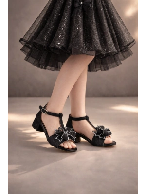 Kız Çocuk Özel Gün Ayakkabısı/Simli Fiyonk Detaylı Sandalet