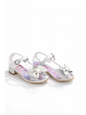 Kız Çocuk Simli Fiyonklu Topuklu Prenses Ayakkabı