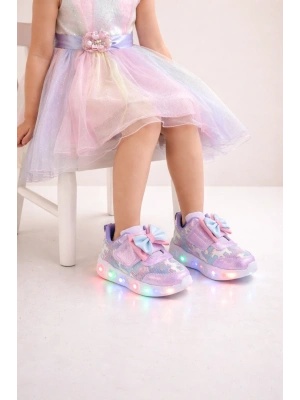 Kız Çocuk Kurdele Detay Simli LED Taban Spor Ayakkabı