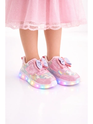 Kız Çocuk Kurdele Detay Simli LED Taban Spor Ayakkabı