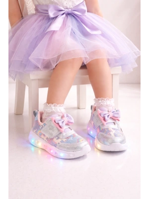 Kız Çocuk Kurdele Detay Simli LED Taban Spor Ayakkabı