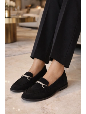 Kadın Siyah Klasik Metal Aksesuarlı Günlük Loafer Ayakkabı