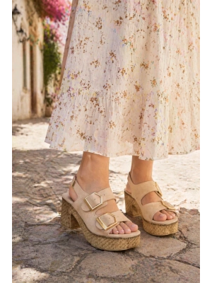 Kadın Nubuk Çift Tokalı Kalın Topuk Sandalet