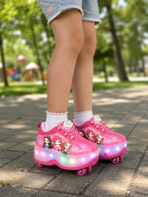 Çocuk Şarj Edilebilir LED Işıklı Paten Ayakkabı Düğmeli Açılır Tekerlekli