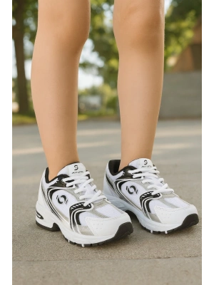 Günlük Unisex Beyaz  Sneaker Kaymaz Yüksek Taban Desenli Triko Bağcıklı Koşu Spor Ayakkabı