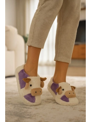 İnek Figürlü Nakışlı | Kışlık Unisex Ev Terliği | Kaydırmaz Taban