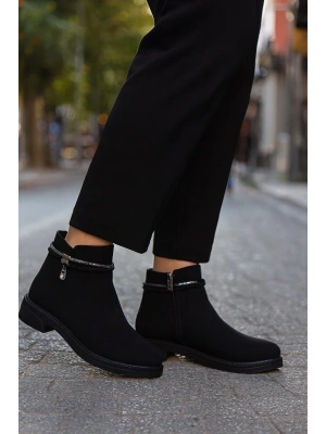 Kadın Cilt ve Nubuk Aksesuar Detaylı Fermuarlı Rahat Kışlık Bot Kaymaz Taban