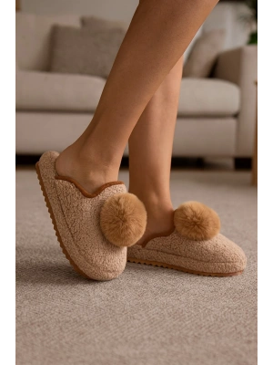 Kadın Ponponlu Ev Terliği Ses Yapmaz Kalın Taban Kışlık Terlik