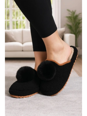 Kadın Ponponlu Ev Terliği Ses Yapmaz Kalın Taban Kışlık Terlik