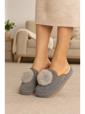 Kadın Ponponlu Ev Terliği Ses Yapmaz Kalın Taban Kışlık Terlik