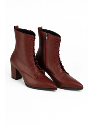 Kadın Topuklu Bot Sivri Burun Bağcıklı Yandan Fermuarlı Kalın Ökçe