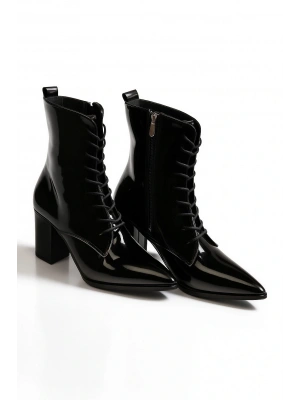 Kadın Topuklu Bot Sivri Burun Bağcıklı Yandan Fermuarlı Kalın Ökçe