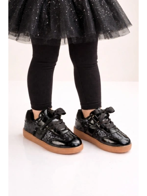 Kız Çocuk Siyah Sim Detaylı Kurdele Bağcıklı Sneaker – Taba Taban