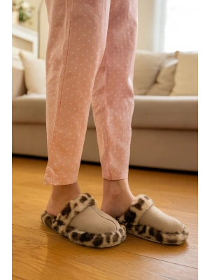 Leopar Desenli Kışlık Sessiz Ev Terliği