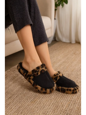 Leopar Desenli Kışlık Sessiz Ev Terliği