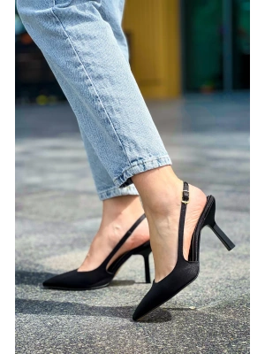 Saten Stiletto Sivri Burun Arkası Bantlı Topuğu Açık Günlük Rahat Kadın Topuklu Ayakkabı